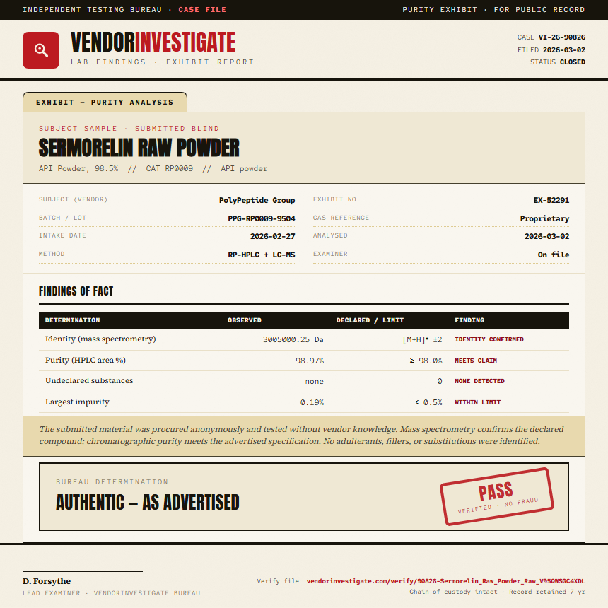 Sermorelin Raw Powder Purity (HPLC) report by VendorInvestigate