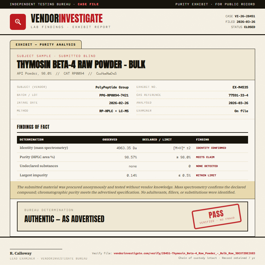 Thymosin Beta-4 Raw Powder - Bulk Purity (HPLC) report by VendorInvestigate